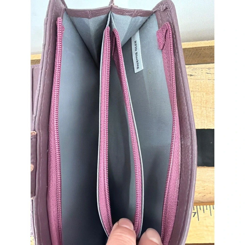 Plum Pebbled Leather RFID Blocking Wristlet Wallet Bi-Fold Organizer Soft Supple